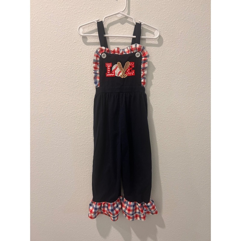 Navy‎ Blue Baseball LOVE Gingham Ruffle Jumpsuit Kids Size Large (3/4T) Romper